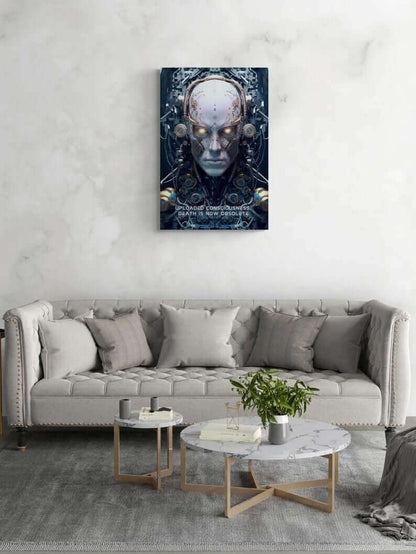 Printify's "Eternal Dawn: Hyper-Detailed Robot Canvas Wall Art with Thought-Provoking 6-Word Story" features a digital artwork depicting a humanoid robot with glowing eyes, intricate mechanical components, and wires surrounding its head. The text at the bottom reads, "Uploaded Consciousness. Death is Now Obsolete." The background showcases a complex, futuristic design.