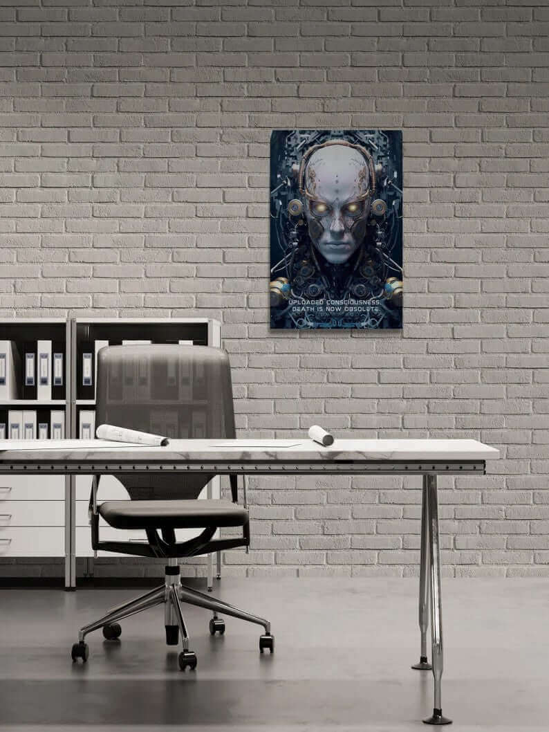 Printify's "Eternal Dawn: Hyper-Detailed Robot Canvas Wall Art with Thought-Provoking 6-Word Story" features a digital artwork depicting a humanoid robot with glowing eyes, intricate mechanical components, and wires surrounding its head. The text at the bottom reads, "Uploaded Consciousness. Death is Now Obsolete." The background showcases a complex, futuristic design.