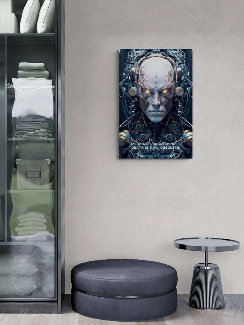 Printify's "Eternal Dawn: Hyper-Detailed Robot Canvas Wall Art with Thought-Provoking 6-Word Story" features a digital artwork depicting a humanoid robot with glowing eyes, intricate mechanical components, and wires surrounding its head. The text at the bottom reads, "Uploaded Consciousness. Death is Now Obsolete." The background showcases a complex, futuristic design.