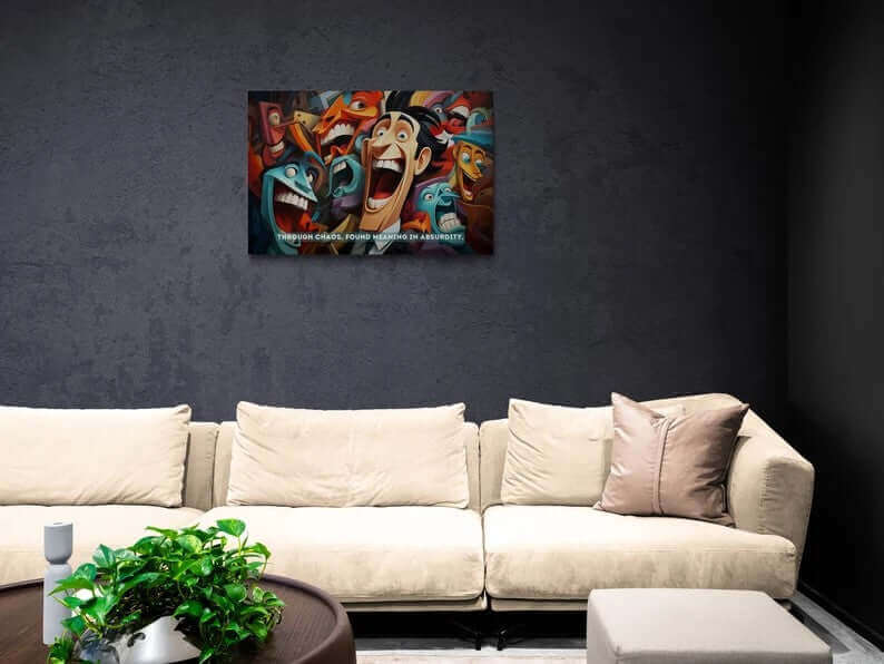 The Printify canvas wall art titled "Joyful Absurdity: Neocubist Emotive Cartoon Portraits" features a colorful, surreal depiction of animated, expressive faces with exaggerated expressions and vibrant hues. Drawing inspiration from neocubism, the piece uses these vivid colors to convey depth. Beneath the faces, text reads, "Through chaos, found meaning in absurdity.