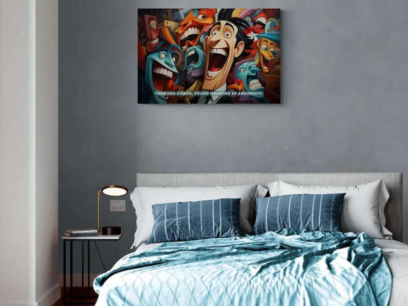 The Printify canvas wall art titled "Joyful Absurdity: Neocubist Emotive Cartoon Portraits" features a colorful, surreal depiction of animated, expressive faces with exaggerated expressions and vibrant hues. Drawing inspiration from neocubism, the piece uses these vivid colors to convey depth. Beneath the faces, text reads, "Through chaos, found meaning in absurdity.