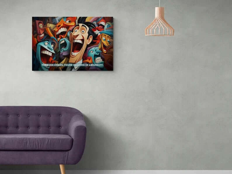 The Printify canvas wall art titled "Joyful Absurdity: Neocubist Emotive Cartoon Portraits" features a colorful, surreal depiction of animated, expressive faces with exaggerated expressions and vibrant hues. Drawing inspiration from neocubism, the piece uses these vivid colors to convey depth. Beneath the faces, text reads, "Through chaos, found meaning in absurdity.