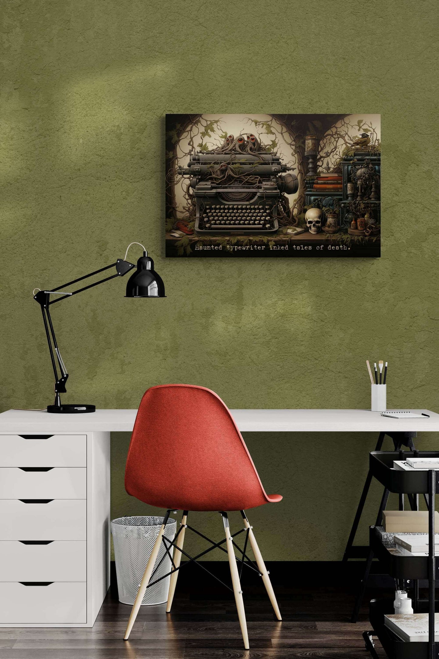 An eerie typewriter entangled in vines sits among a collection of mystical objects, including a skull, an hourglass, and old books. The atmosphere is dark and mysterious. Text beneath the image reads, "Gothic art: Haunted typewriter inked Tales of Death." Presenting the "Tales of Death: Meticulously Detailed Gothic Typewriter Poster Wall Art with 6-Word Story Art" by Printify.