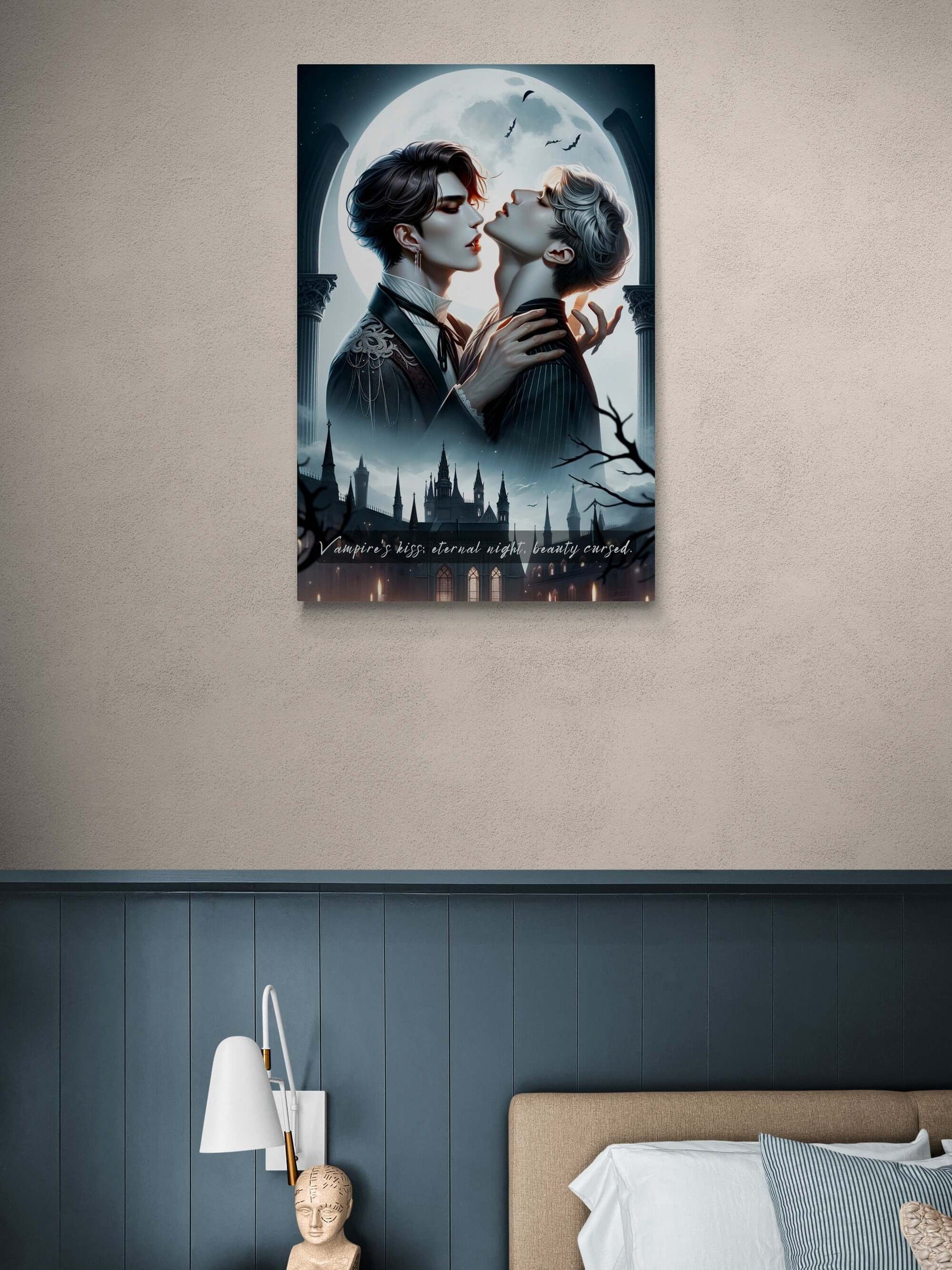 Eternal Lovers: Gay-Pop Vampire Romance Canvas Wall Art inspired by 6-word Gothic story, depicting a tender moment under moonlight.