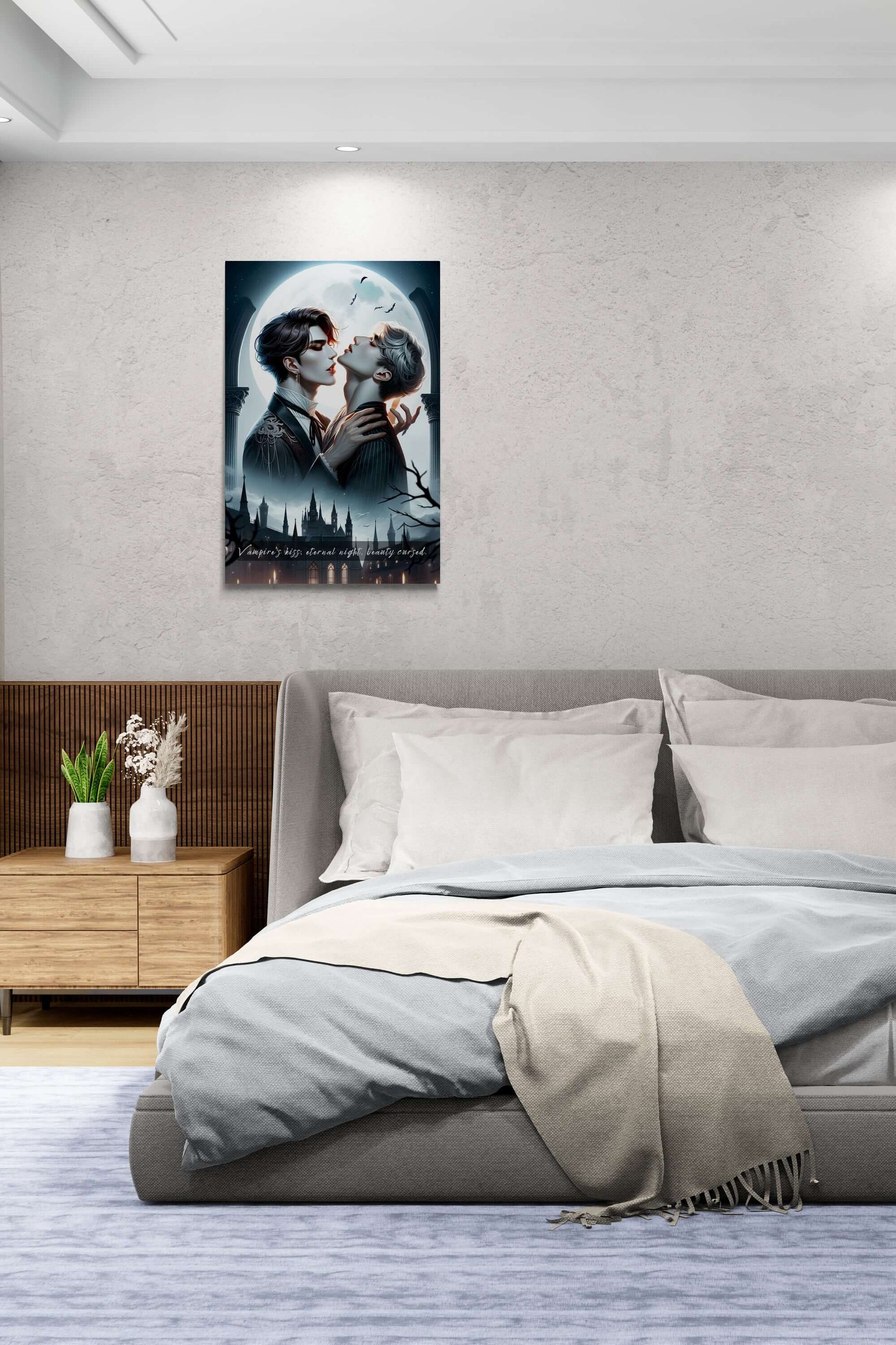 "Eternal Lovers vampire romance canvas wall art featuring K-Pop inspired figures in a moonlit bedroom setting"