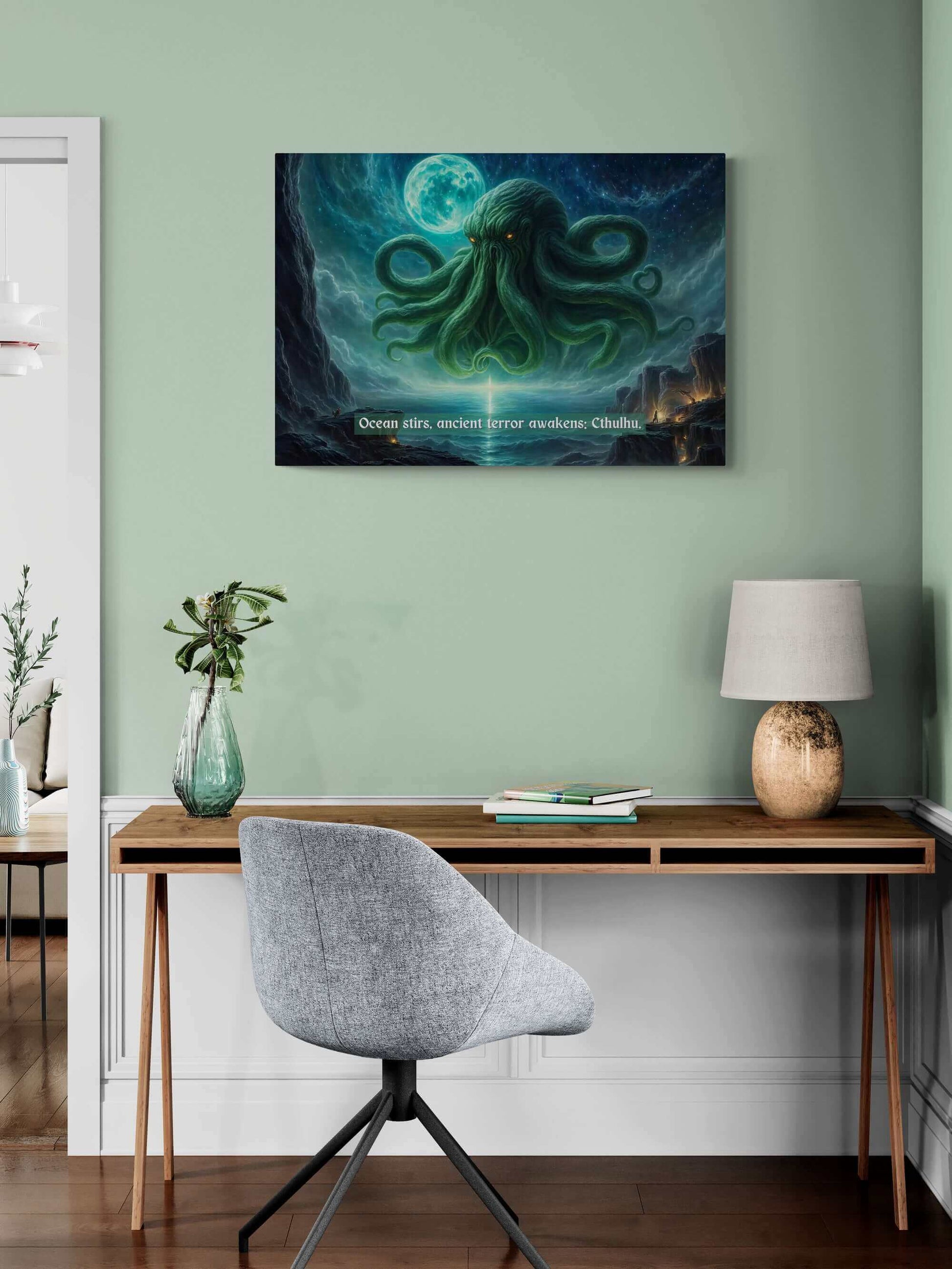 Horrifying Cthulhu canvas wall art inspired by eerie 6-word story, featuring ancient entity awakening from ocean under moonlit sky.