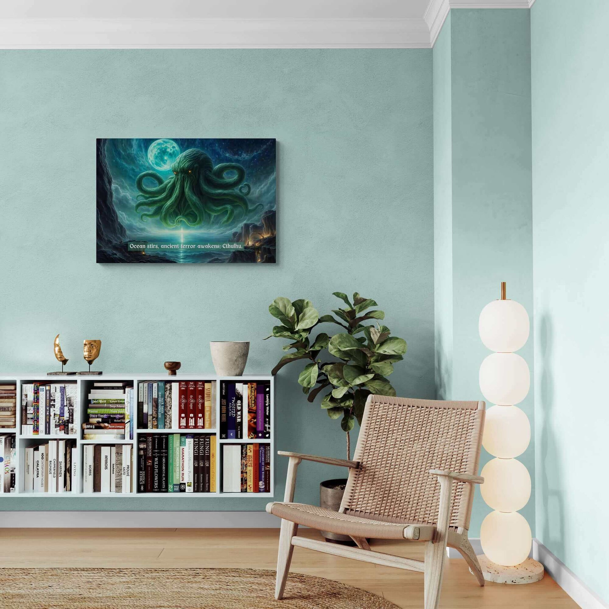 "Horrifying Cthulhu canvas wall art inspired by eerie 6-word story, featuring an ancient cosmic entity emerging from the ocean under a moonlit sky"