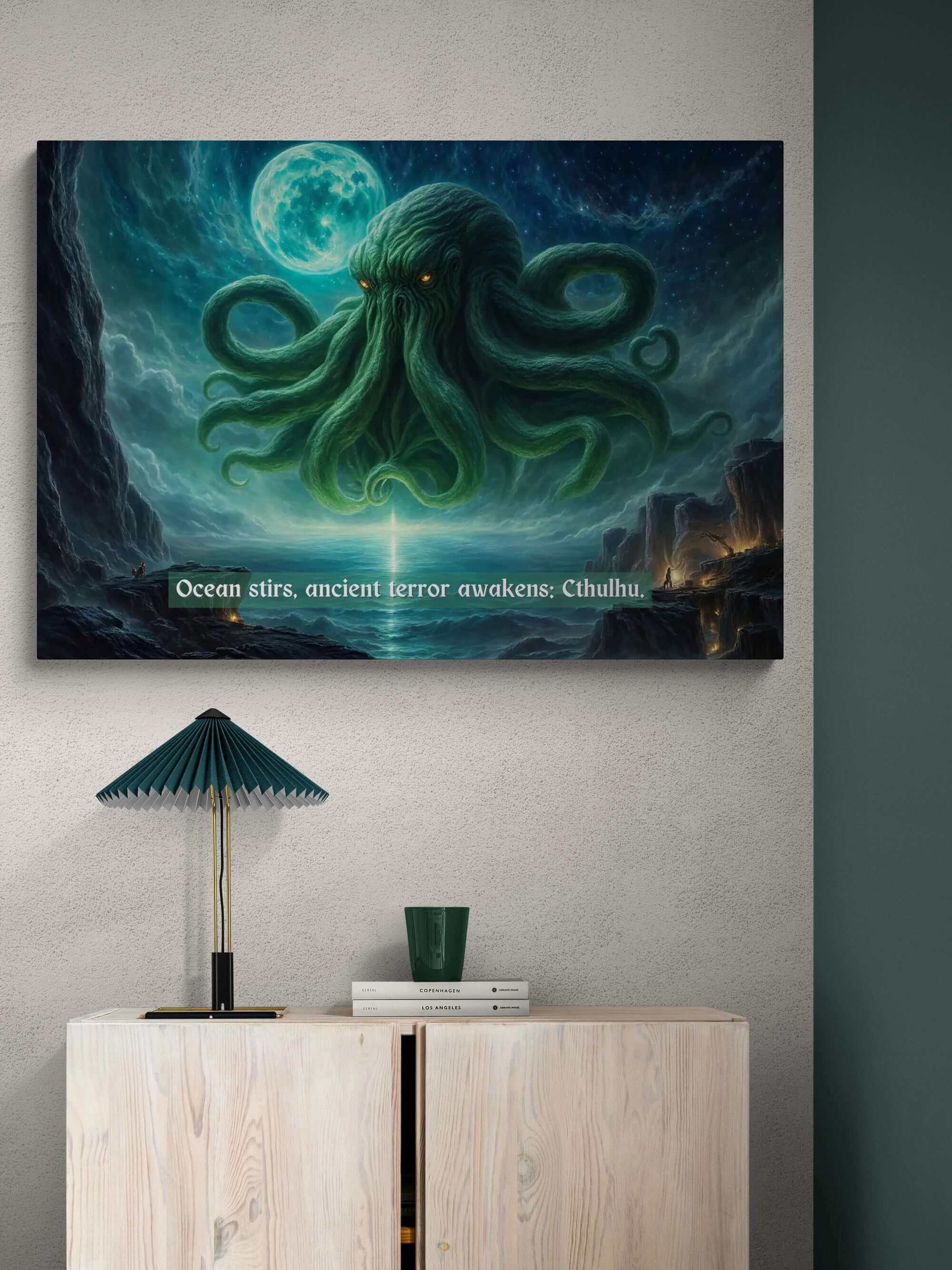 Horrifying Cthulhu canvas wall art inspired by eerie 6-word story, depicting ancient cosmic entity emerging from ocean under a moonlit sky.