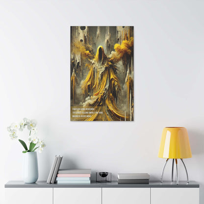 Hastur King in Yellow Canvas Art Print on modern wall, featuring faceless figure in tattered yellow robes, evoking cosmic horror.