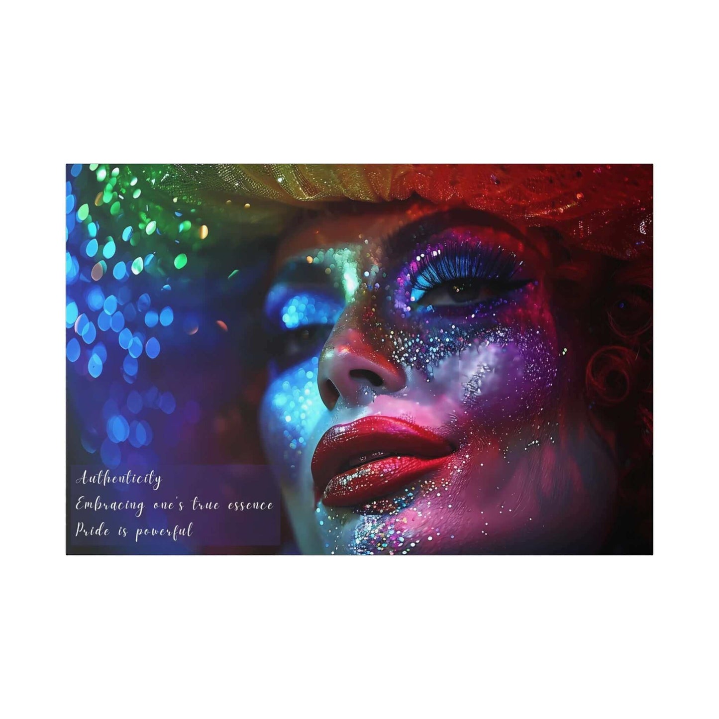 Vibrant Pride Celebration Canvas featuring a drag queen with bold makeup, inspired by empowering haiku on embracing authenticity