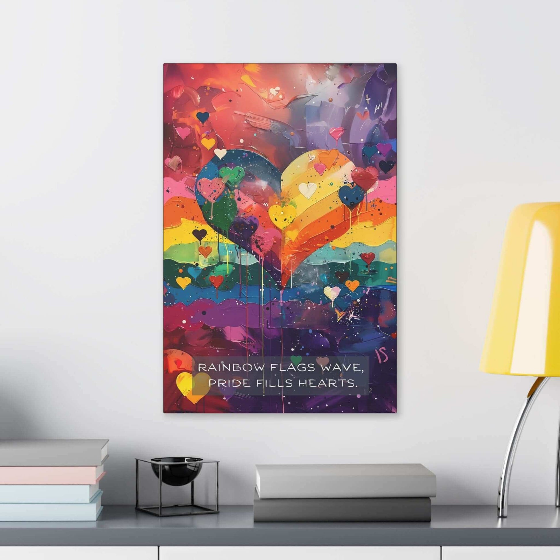 Introducing Printify's Hearts of Pride: Colorful Gay Pride Canvas Wall Art (PR-6W-009c), inspired by a joyful 6-word story. This vibrant artwork features a large heart with rainbow colors surrounded by numerous smaller hearts. The background is an abstract blend of lively hues, and the text at the bottom reads, "RAINBOW FLAGS WAVE, PRIDE FILLS HEARTS," encapsulating the love and unity of the LGBTQ+ community.