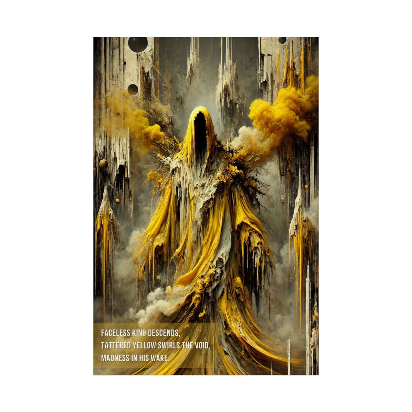 Hastur King in Yellow poster featuring faceless figure in flowing yellow robes, evoking cosmic horror and chaos.