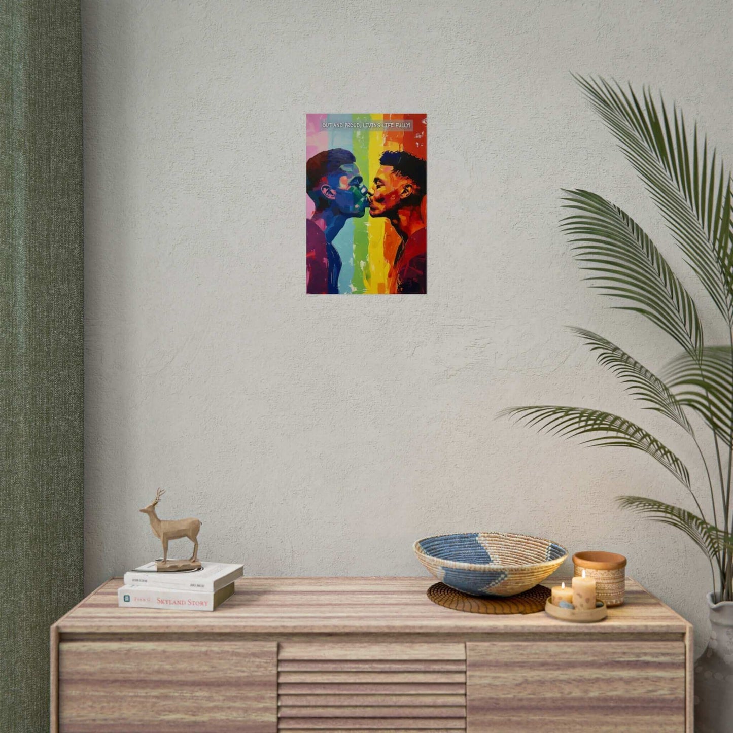 The Living Fully: Vibrant Gay Pride Poster Art by Printify showcases two individuals kissing against a rainbow-colored background with the bold text "OUT AND PROUD, LIVING LIFE FULLY" displayed at the top. This artwork, inspired by a joyful 6-word story, uses bold and expressive brushstrokes along with a spectrum of vibrant colors to celebrate love and authenticity.