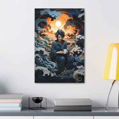 Introducing "Contemplation on the Waves: Japanese-Inspired Layered Paper Fantasy Canvas Wall Art" by Printify. This exquisite digital artwork features a figure in dark clothing, holding a mug and seated serenely amidst swirling waves and white foamy crests. The background showcases a brilliant full moon that casts an ethereal glow, enhancing the mystical ambiance with stylized clouds.