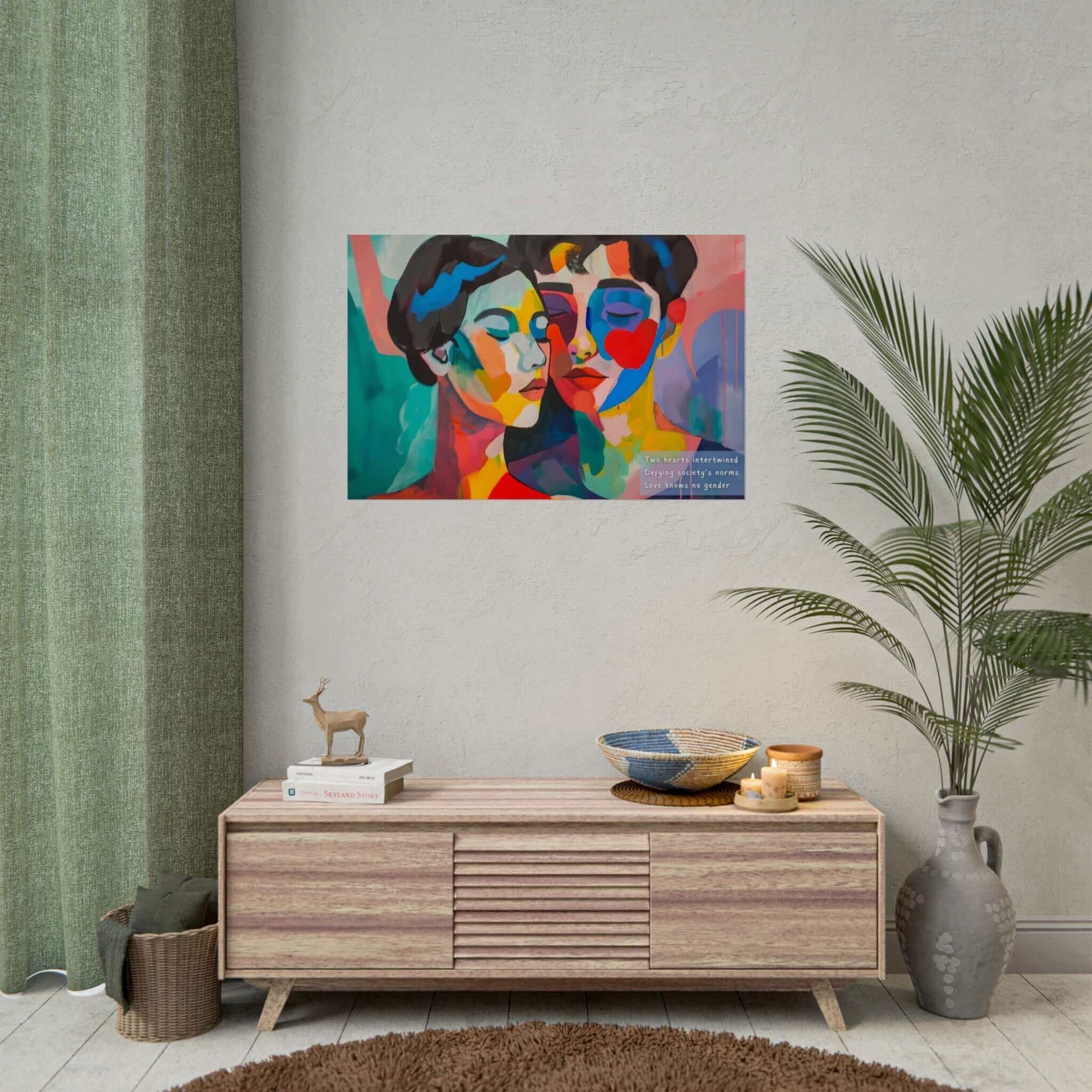 Colorful abstract couple wall art poster "Intertwined Love" on modern living room wall, inspired by haiku celebrating love beyond societal norms