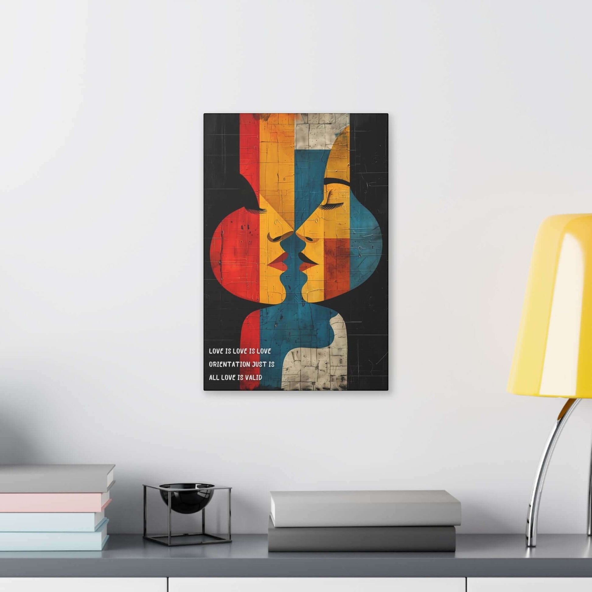 Abstract Pride Canvas Wall Art with Two Faces, Bold Geometric Shapes, and Vibrant Colors Symbolizing Unity and Acceptance, Inspired by Celebratory Haiku