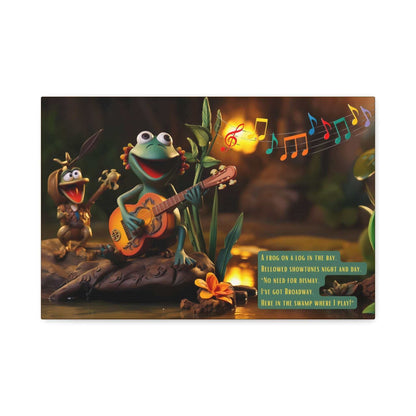 Showtunes in the Swamp: Claymation-Style Canvas Wall Art with Lively Limerick and Kitschy Charm