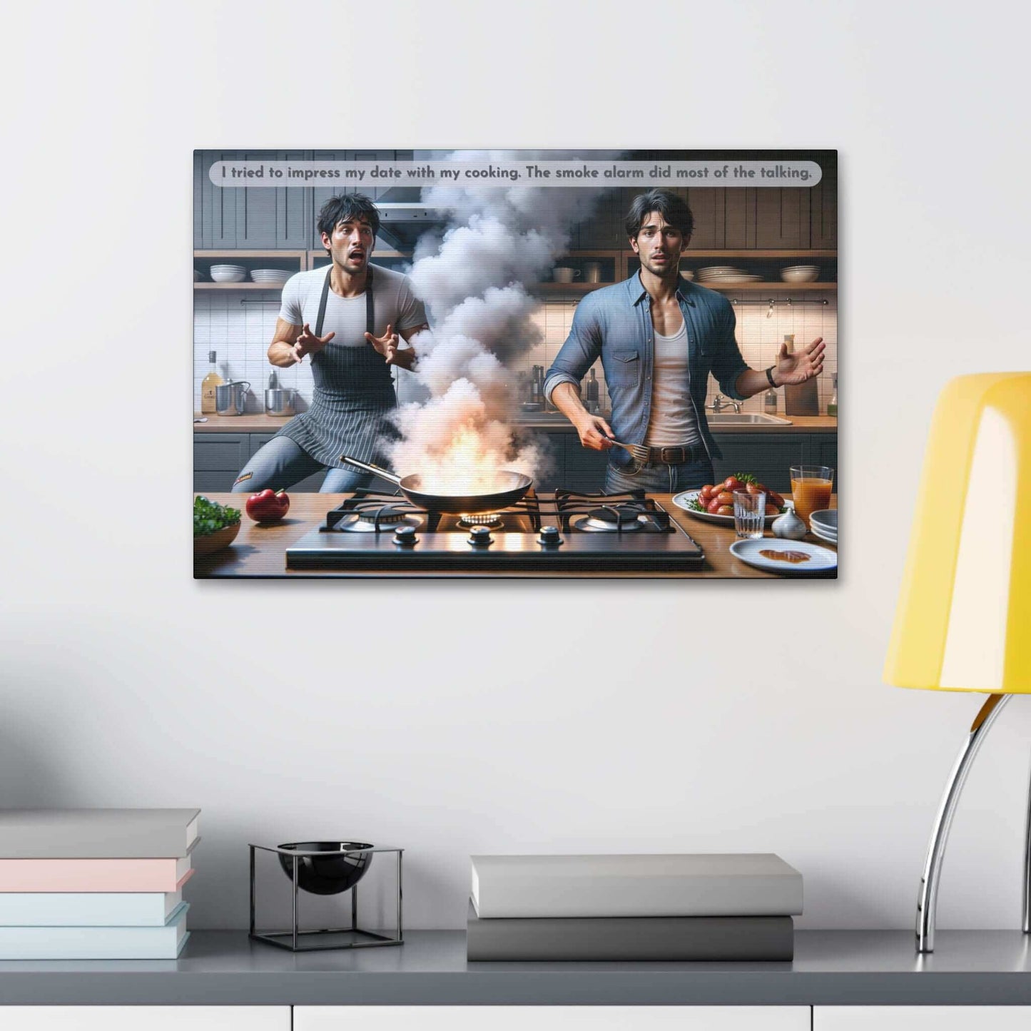 Where There's Smoke: Comedic Cooking Disaster Canvas Wall Art with Funny 2-Sentence Story | 2Sen-012c