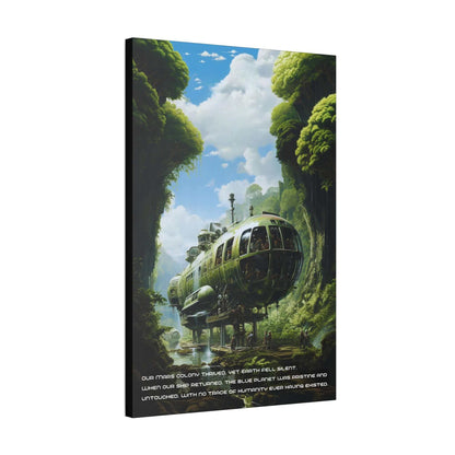 A vibrant green and gray spacecraft hovers amidst a dense, lush forest with towering trees and thick vegetation. The blue sky and clouds are visible above. The text at the bottom of the image reads: "Our mission was to explore and then leave it all silent." This scene is captured in the Printify creation titled "Return to Silence: Sci-Fi Spaceship Canvas Wall Art with Poignant 2-Sentence Story.