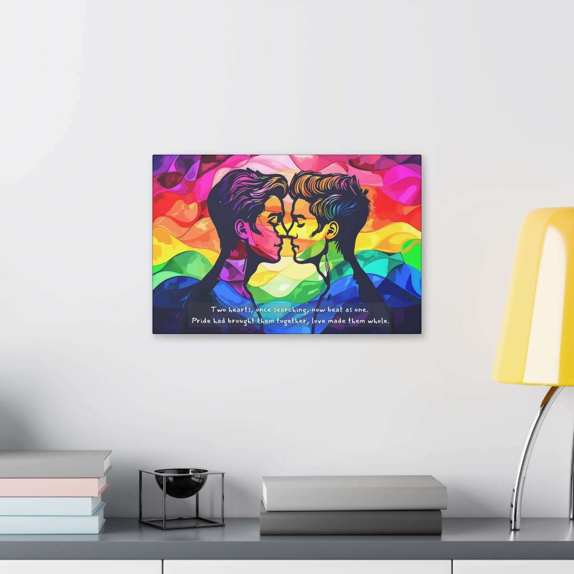 The Together as One: Vibrant Gay Pride Canvas Wall Art by Printify showcases an artistic image of two individuals facing each other with noses touching and eyes closed, set against a vibrant rainbow-colored background. Text at the bottom reads, “Two hearts, once searching, now beat as one. Pride had brought them together, love made them whole.” This heartfelt piece celebrates LGBTQ+ pride through love and unity.