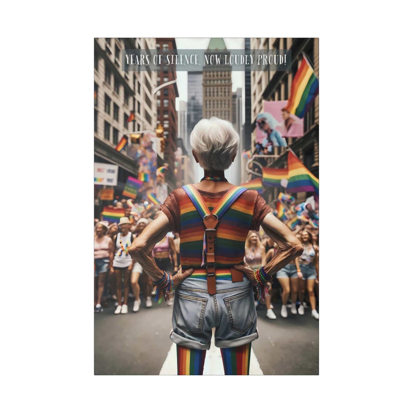 An older person with short white hair stands confidently in a city street, adorned in rainbow-striped clothing and suspenders. Leading a vibrant, colorful crowd waving pride flags, they march at the Pride parade. Text at the top reads "YEARS OF SILENCE NOW LOUDLY PROUD!" celebrating self-acceptance within the LGBTQ+ community. This inspiring moment is captured brilliantly in Printify's "Loud and Proud: Empowering Gay Pride Canvas Wall Art," PR-6W-003c.