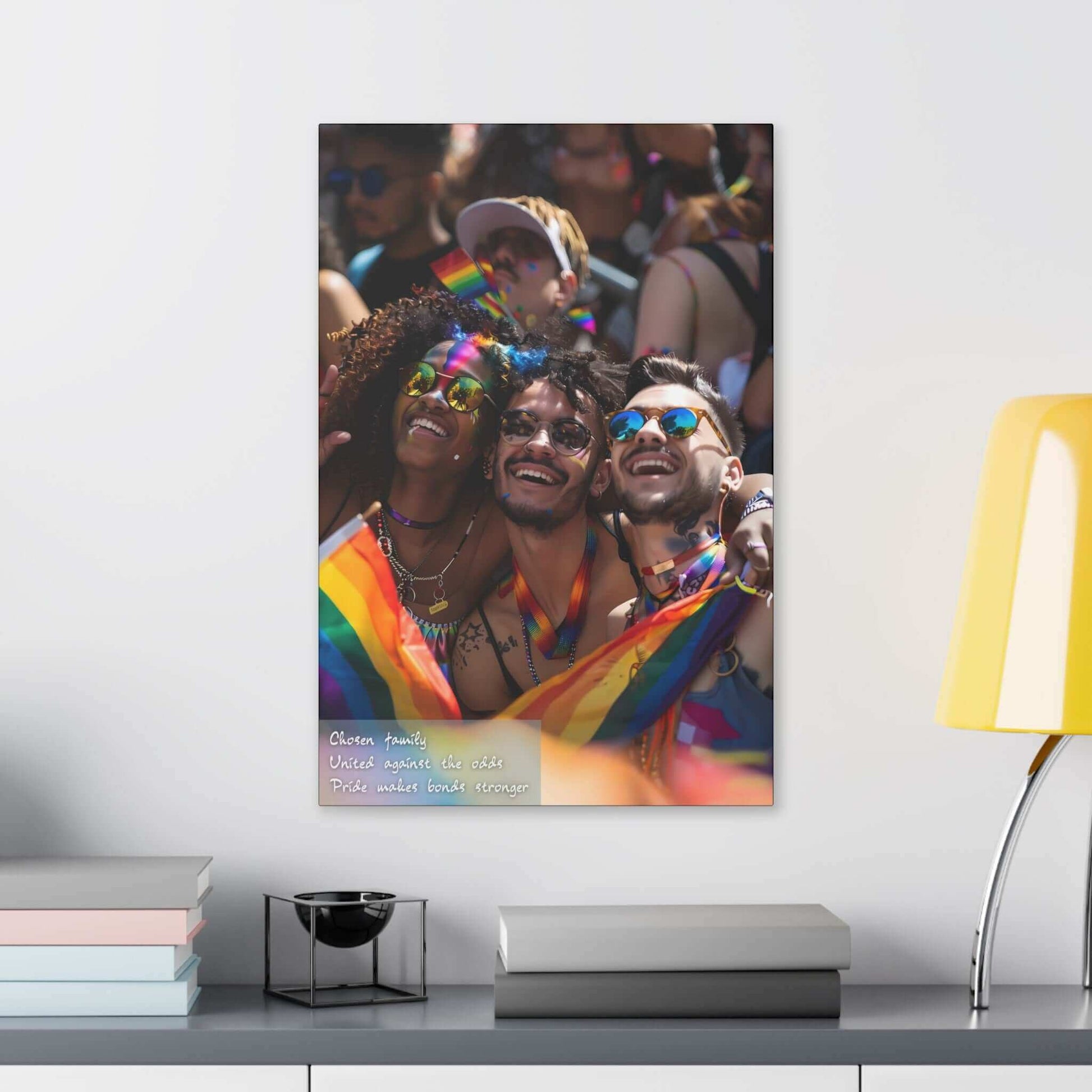 Vibrant canvas wall art of a jubilant group of friends celebrating Pride, adorned in rainbow accessories, inspired by a resilient haiku.