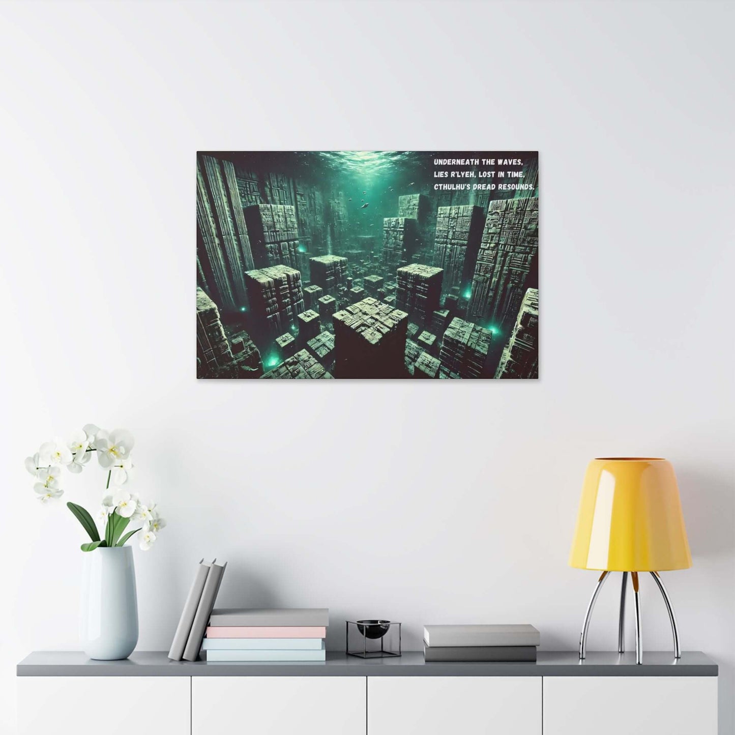 Submerged R’lyeh deep-sea haiku canvas wall art depicting Cthulhu's ancient city beneath ocean waves, creating an eerie atmosphere