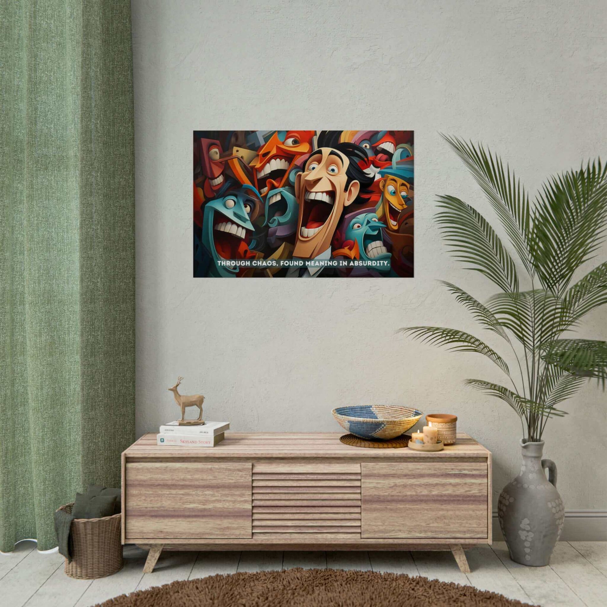 Digital artwork named "Joyful Absurdity: Neocubist Emotive Cartoon Portraits Poster Wall Art based on 6-Word Story" by Printify, featuring a frenzied, colorful collection of distorted, exaggerated faces with wide eyes and big mouths. In the center, a prominent figure with a broad smile stands out. Text at the bottom reads: "Through chaotic elegance, found meaning in joyful absurdity.