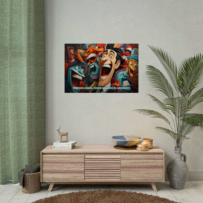 Digital artwork named "Joyful Absurdity: Neocubist Emotive Cartoon Portraits Poster Wall Art based on 6-Word Story" by Printify, featuring a frenzied, colorful collection of distorted, exaggerated faces with wide eyes and big mouths. In the center, a prominent figure with a broad smile stands out. Text at the bottom reads: "Through chaotic elegance, found meaning in joyful absurdity.