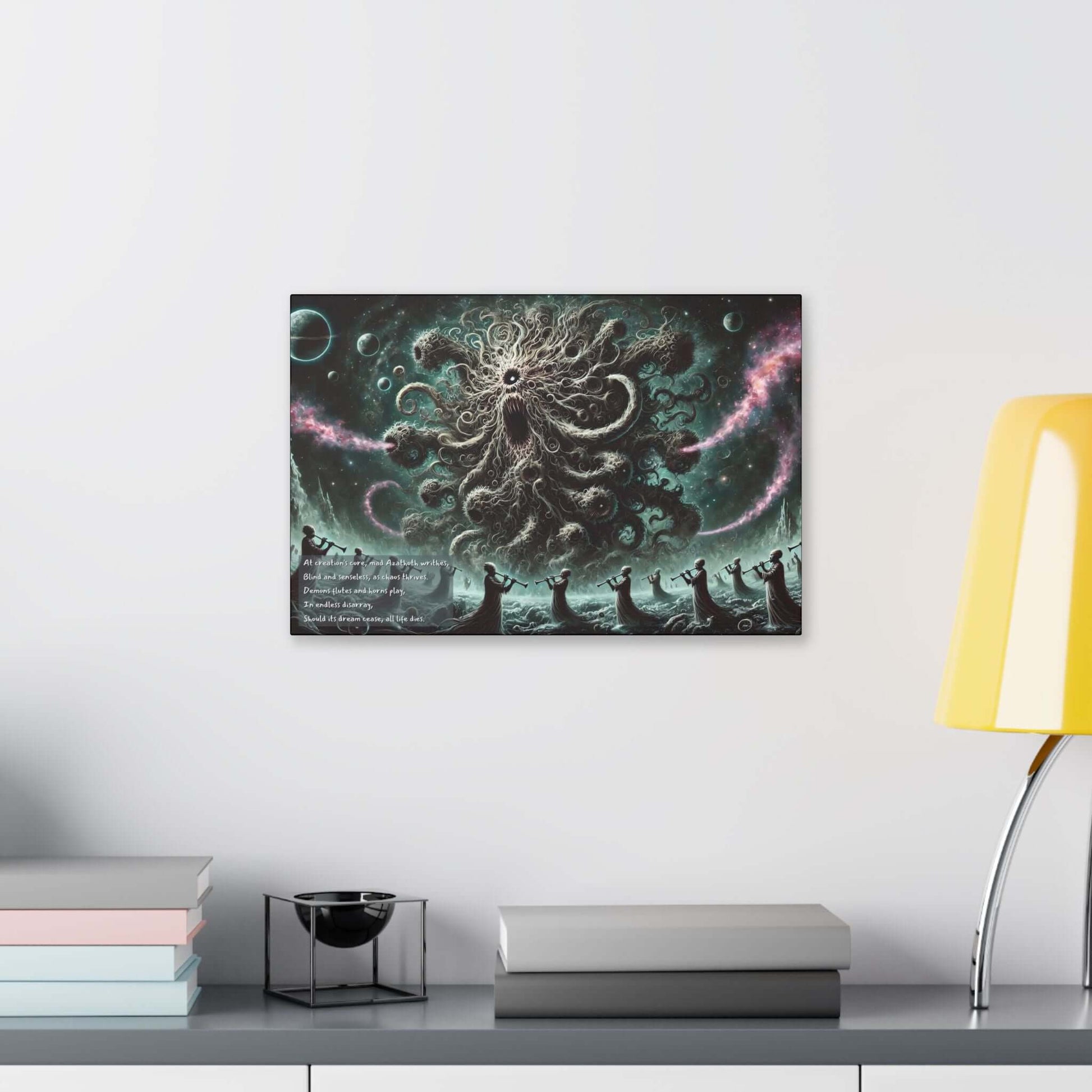 Cosmic Chaos: Mesmerizing Azathoth Limerick-Inspired Canvas Wall Art with dark hues and swirling forms on display in a modern room