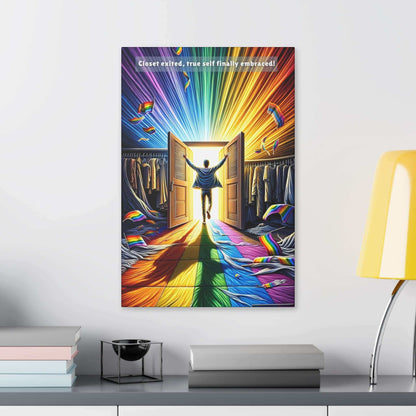 A person throws open double doors and steps into a vivid, rainbow-colored light. The scene appears euphoric and liberating, with rainbows on the walls and scattered clothing symbolizing LGBTQ+ pride. Text above reads, "Closet exited, true self finally embraced!"—a heartfelt diversity celebration of self-acceptance captured in Printify's "Out of the Closet: Vibrant Gay Pride Canvas Wall Art, Inspired by Uplifting 6-Word Story" (PR-6W-001c).