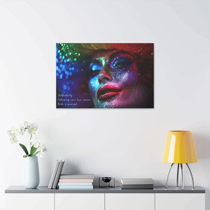 Vibrant Pride Celebration Canvas featuring a glittering drag queen, inspired by empowering haiku, wall art for embracing authenticity.