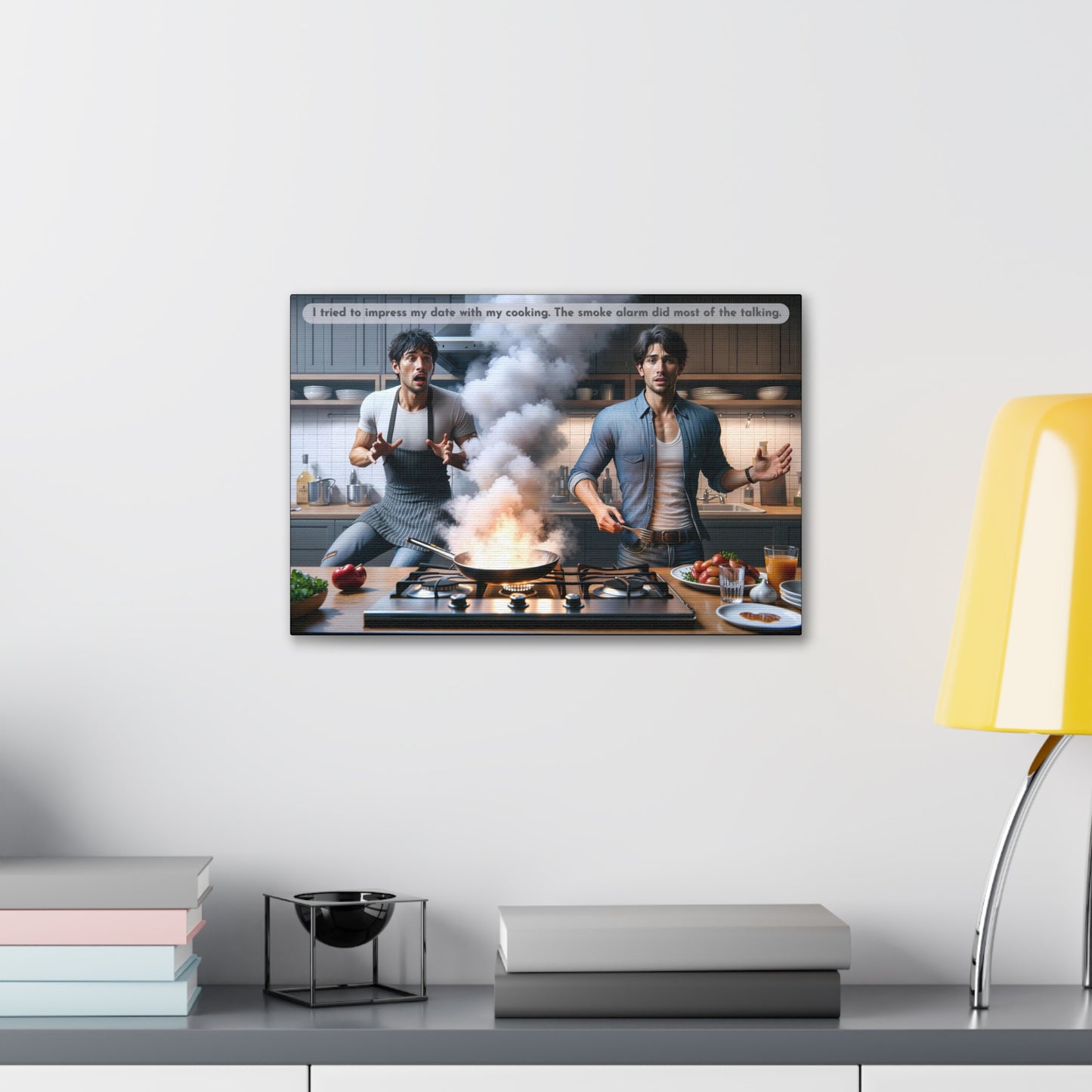 Where There's Smoke: Comedic Cooking Disaster Canvas Wall Art with Funny 2-Sentence Story | 2Sen-012c