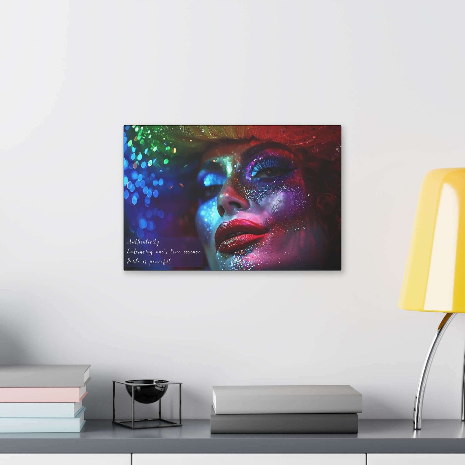 Vibrant Pride Celebration Canvas featuring drag queen with glittering makeup, inspired by empowering haiku on wall above modern decor.