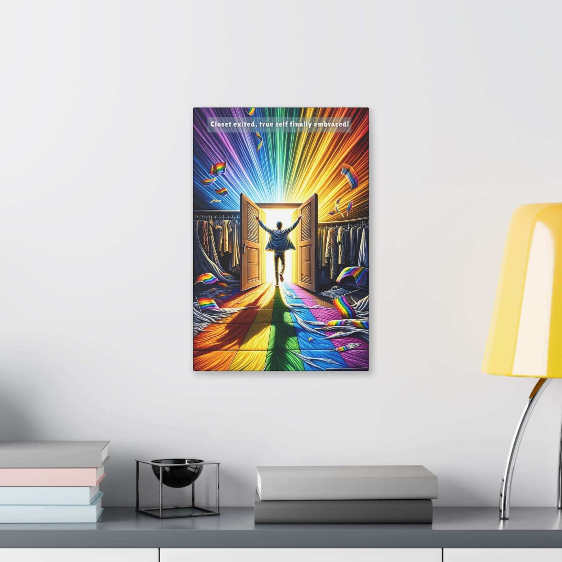 A person throws open double doors and steps into a vivid, rainbow-colored light. The scene appears euphoric and liberating, with rainbows on the walls and scattered clothing symbolizing LGBTQ+ pride. Text above reads, "Closet exited, true self finally embraced!"—a heartfelt diversity celebration of self-acceptance captured in Printify's "Out of the Closet: Vibrant Gay Pride Canvas Wall Art, Inspired by Uplifting 6-Word Story" (PR-6W-001c).