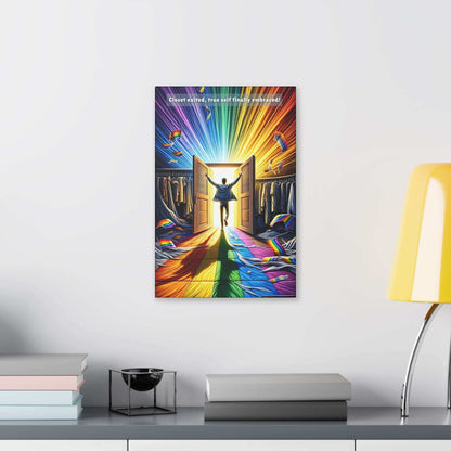 A person throws open double doors and steps into a vivid, rainbow-colored light. The scene appears euphoric and liberating, with rainbows on the walls and scattered clothing symbolizing LGBTQ+ pride. Text above reads, "Closet exited, true self finally embraced!"—a heartfelt diversity celebration of self-acceptance captured in Printify's "Out of the Closet: Vibrant Gay Pride Canvas Wall Art, Inspired by Uplifting 6-Word Story" (PR-6W-001c).