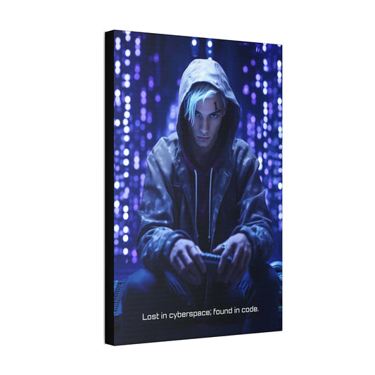 A person in a hoodie sits against a backdrop of blue and purple illuminated code, evoking cyberpunk artwork. They have light blue hair and are intensely focused on a small device they are holding. The text at the bottom reads: "Cyberspace Epiphany: Lost in cyberspace; found in code." This piece is the "Cyberspace Epiphany: Cyberpunk Canvas Wall Art with 6-Word Tech Story" by Printify.