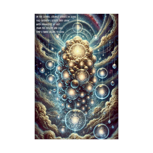 Cosmic Enigma Ethereal Yog-Sothoth Poster Wall Art depicting luminous spheres and mysterious cosmic entity in Lovecraftian style.