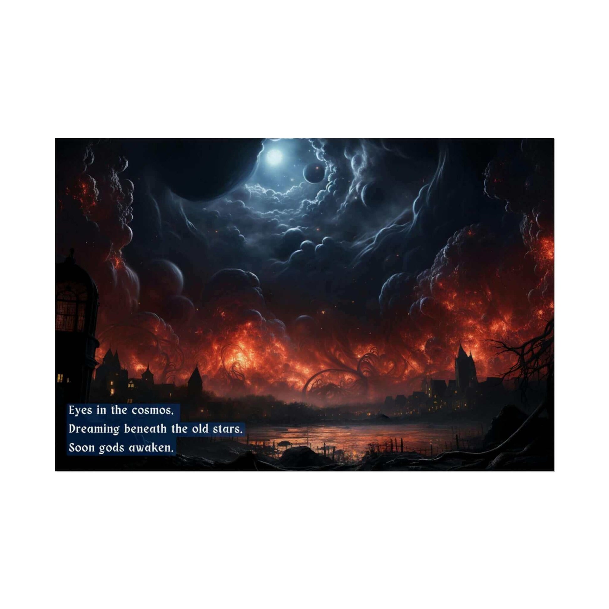 A dark, fantastical landscape features a turbulent sky illuminated by a glowing celestial body. Swirling clouds of red and blue dominate the scene, while an eerie, Lovecraftian cityscape lies beneath. Text on the image reads, "Eyes in the cosmos, Dreaming beneath the old stars. Soon gods awaken." This captivating scene is from Printify's Cosmic Horror Awakening: Lovecraftian Apocalypse with Disturbing Haiku Poster Wall Art.