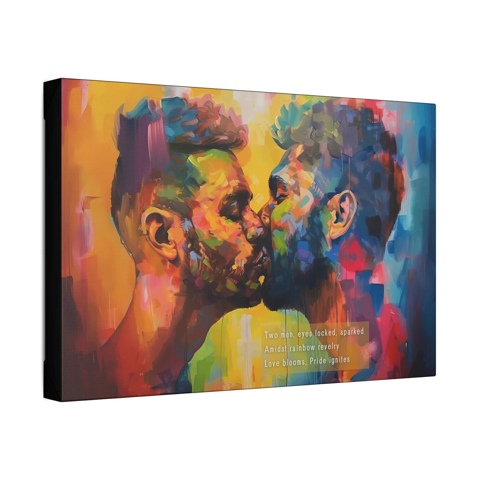 "Love Blooms: Vibrant Pride Celebration Canvas Wall Art depicting two men sharing a passionate kiss, inspired by an electrifying haiku."