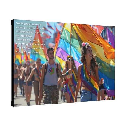 A woman is marching in a parade, draped in a rainbow flag. Surrounding her are other people with colorful flags and festive attire. Text reads: "The bisexual woman marched in the Pride parade art, surrounded by a sea of vibrant colors. She felt a sense of belonging, knowing she was part of the LGBTQ+ community." This scene is captured beautifully in the Joyful Gay Pride Canvas Wall Art by Printify, inspired by empowering moments like this one from Pride parades.