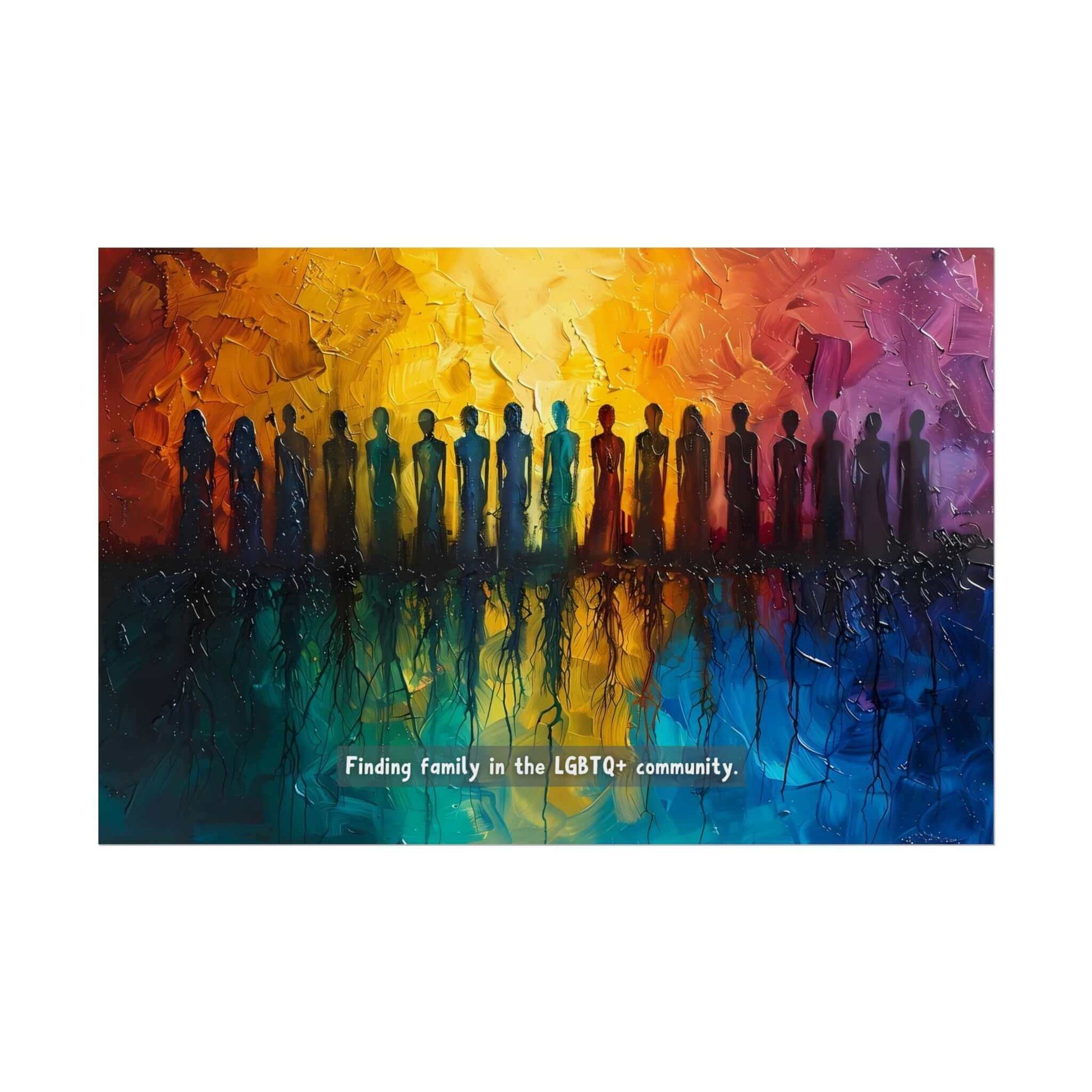 The Roots of Pride: Inspiring Gay Pride Poster Wall Art by Printify features a colorful abstract painting on fine art photo paper, depicting a diverse group of silhouetted figures standing in a line. The background transitions from warm tones of yellow and orange to cool tones of blue and purple. Text at the bottom reads, "Finding unity and pride in the LGBTQ+ community." Product code: PR-6W-005p.