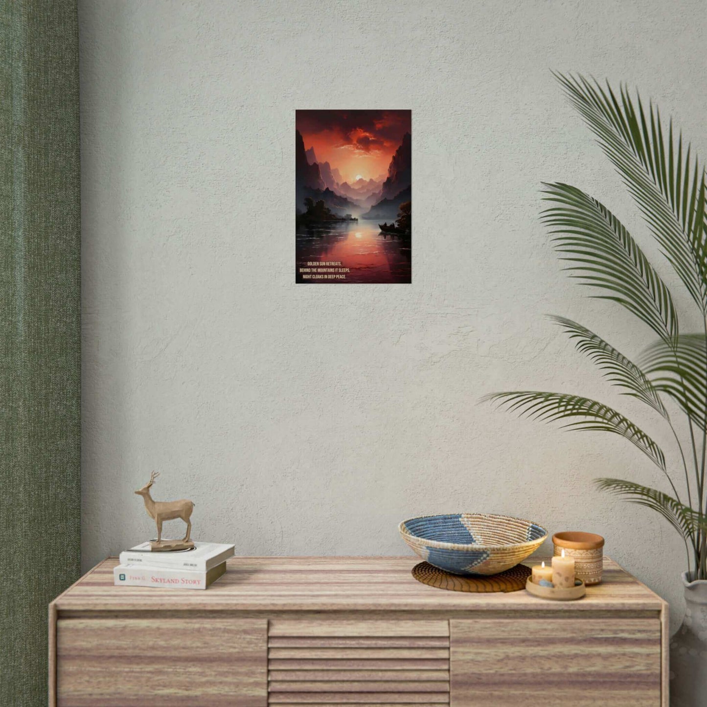 Serenity at Dusk: Exotic Mountain Terrain at Sunset Poster Wall Art with Tranquil Haiku