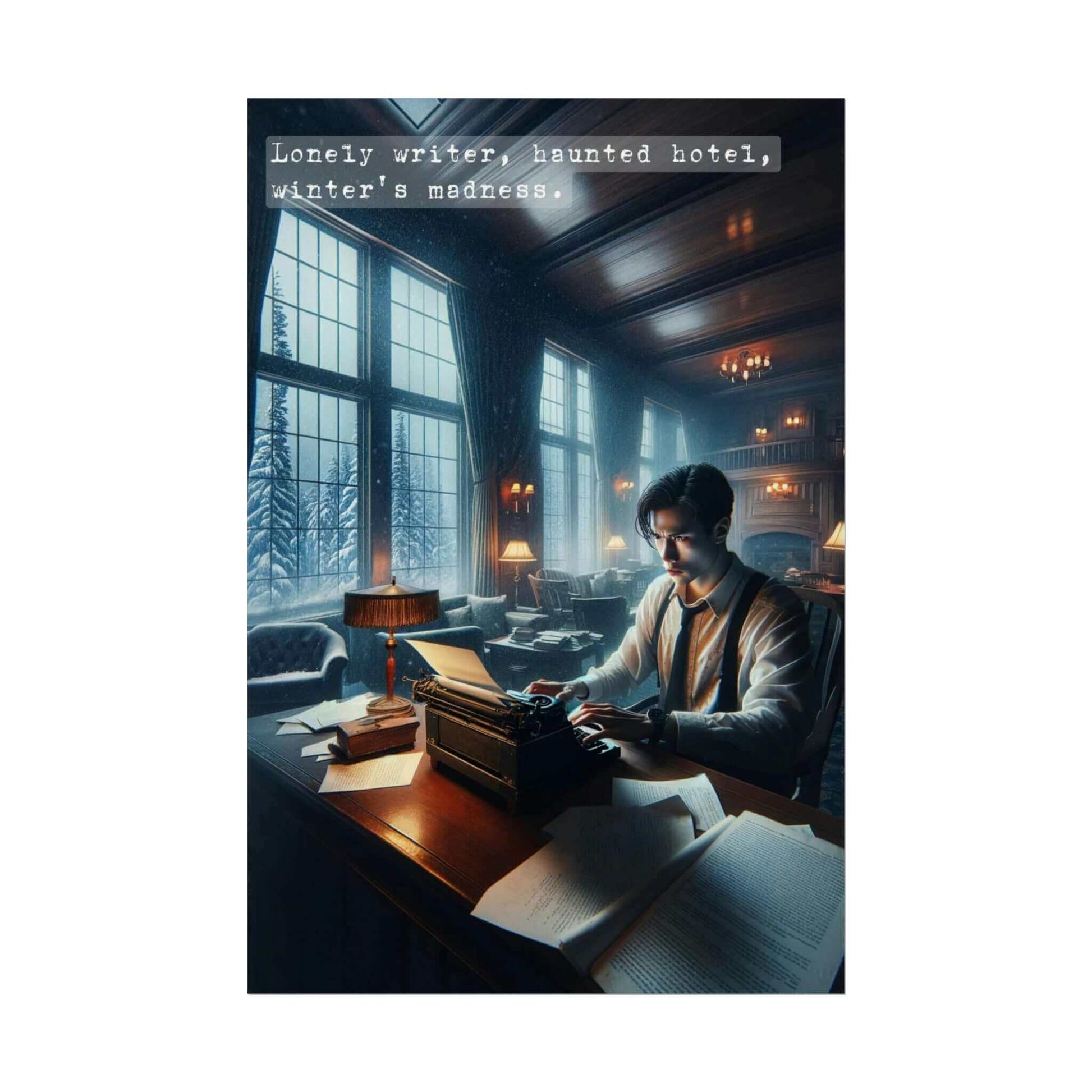 A somber writer types on a typewriter in a dimly lit, wood-paneled room of a snowy, Victorian-inspired manor. Disheveled papers scattered around him, he sits alone amidst the eerie ambiance. Text above reads, "Lonely writer, haunted hotel, winter’s madness." Adorn your space with Winter's Haunt: 6-Word Story Poster Wall Art about Lonely Writer in a Snowy Manor by Printify.