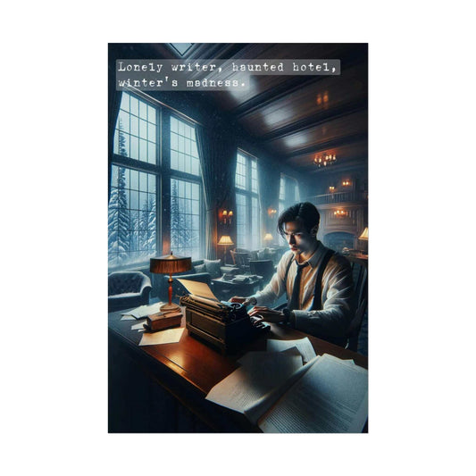 A somber writer types on a typewriter in a dimly lit, wood-paneled room of a snowy, Victorian-inspired manor. Disheveled papers scattered around him, he sits alone amidst the eerie ambiance. Text above reads, "Lonely writer, haunted hotel, winter’s madness." Adorn your space with Winter's Haunt: 6-Word Story Poster Wall Art about Lonely Writer in a Snowy Manor by Printify.