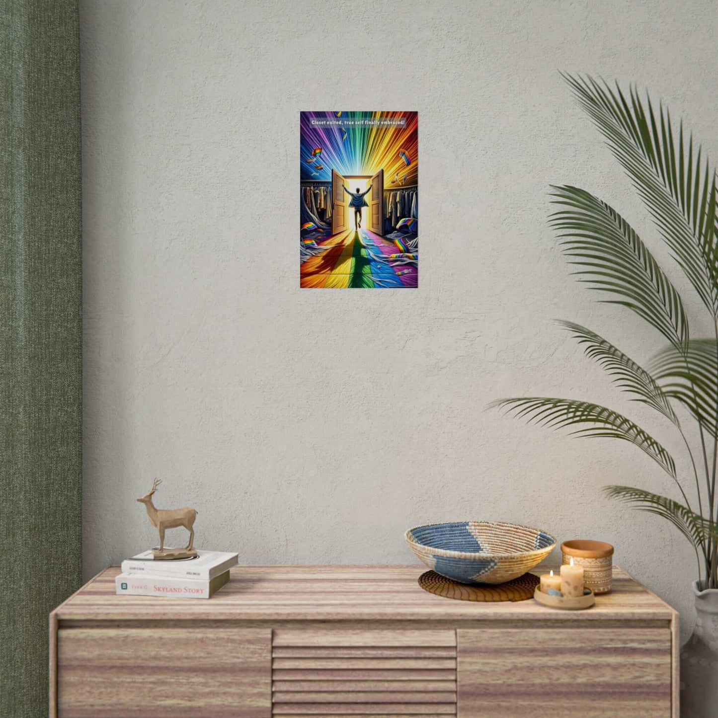 A person joyfully stands at the threshold of an open closet, with colorful, radiant light pouring out, forming a rainbow path. Clothes with rainbow patterns are scattered around. Above, the text reads: "Closet exited, true self finally embraced!" Celebrate self-acceptance and LGBTQ+ pride with the Out of the Closet: Vibrant Gay Pride Poster Wall Art by Printify (PR-6W-001p).