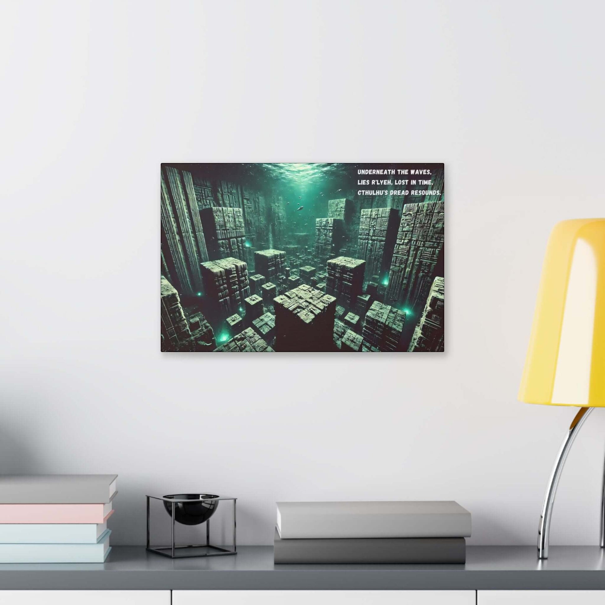 "Submerged R’lyeh deep-sea haiku canvas wall art depicting ancient cyclopean structures underwater with a haunting Cthulhu atmosphere"