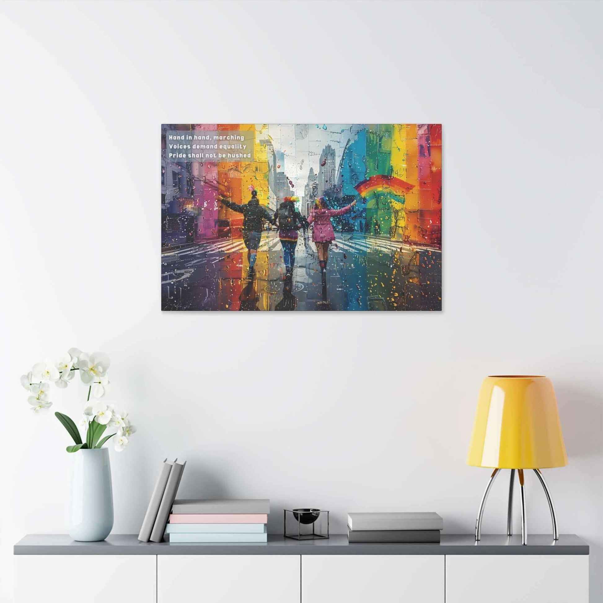 Vibrant City Parade Canvas Wall Art, "Marching Together," inspired by a determined haiku, celebrating Pride with colorful unity.