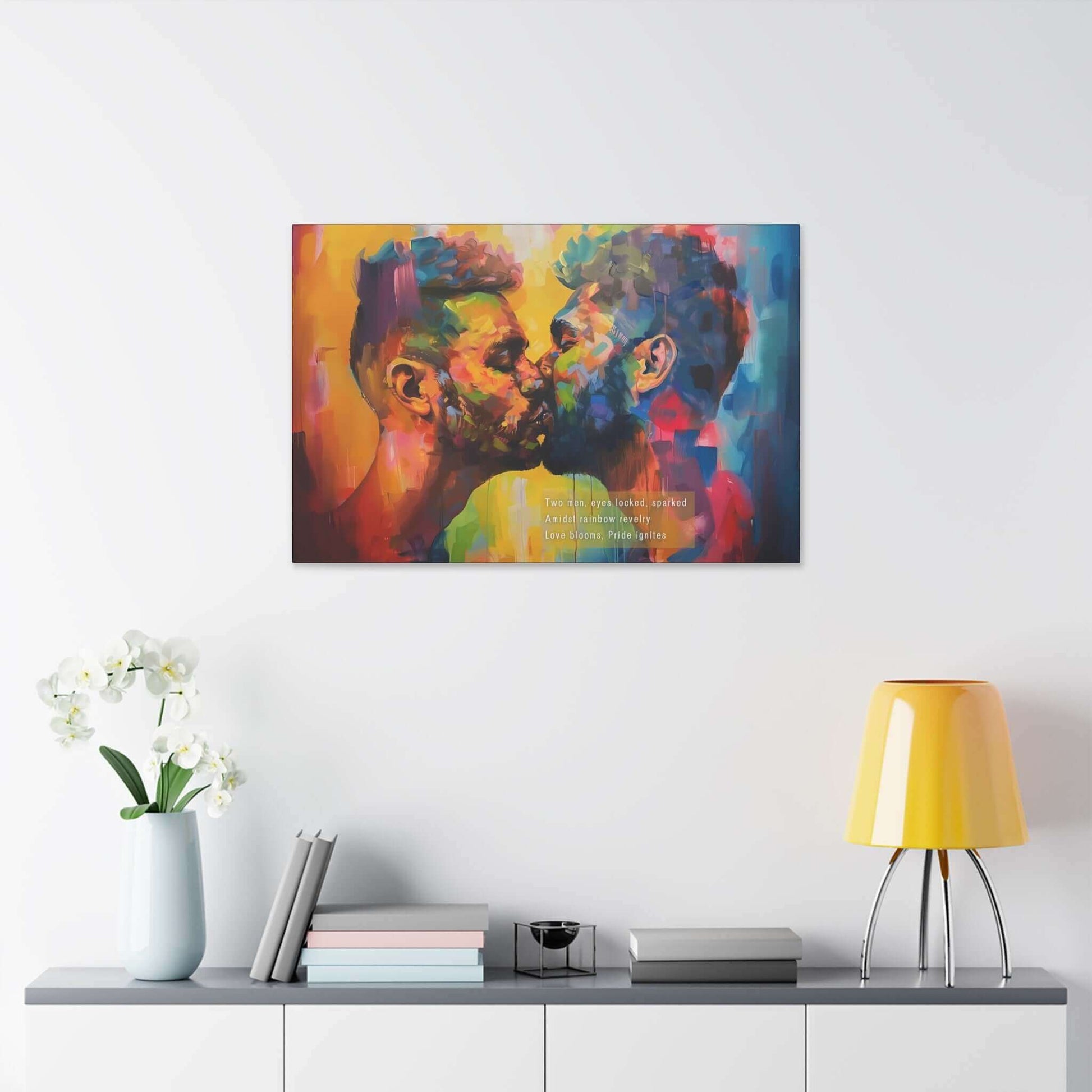 Love Blooms vibrant Pride celebration canvas wall art, depicting two men kissing amidst a colorful background, inspired by an electrifying haiku.