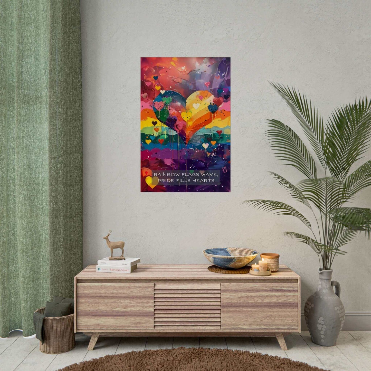 A vibrant art piece from Printify, titled "Hearts of Pride: Colorful Gay Pride Poster Wall Art, Inspired by Joyful 6-Word Story | PR-6W-009p," showcases a large rainbow heart surrounded by smaller multicolored hearts. The background bursts with shades of red, orange, yellow, green, blue, and purple. At the bottom is the text: "RAINBOW FLAGS WAVE, HEARTS OF PRIDE.